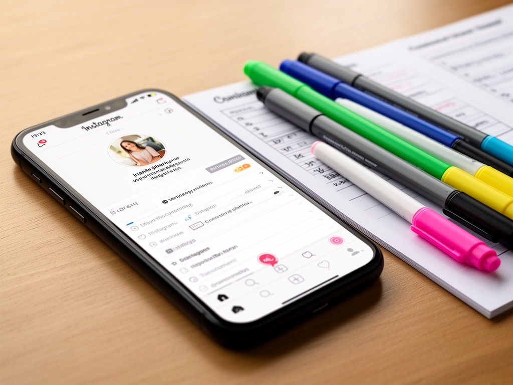 Смартфон с открытым приложением Instagram лежит на столе рядом с блокнотом с контент-планом и маркерами