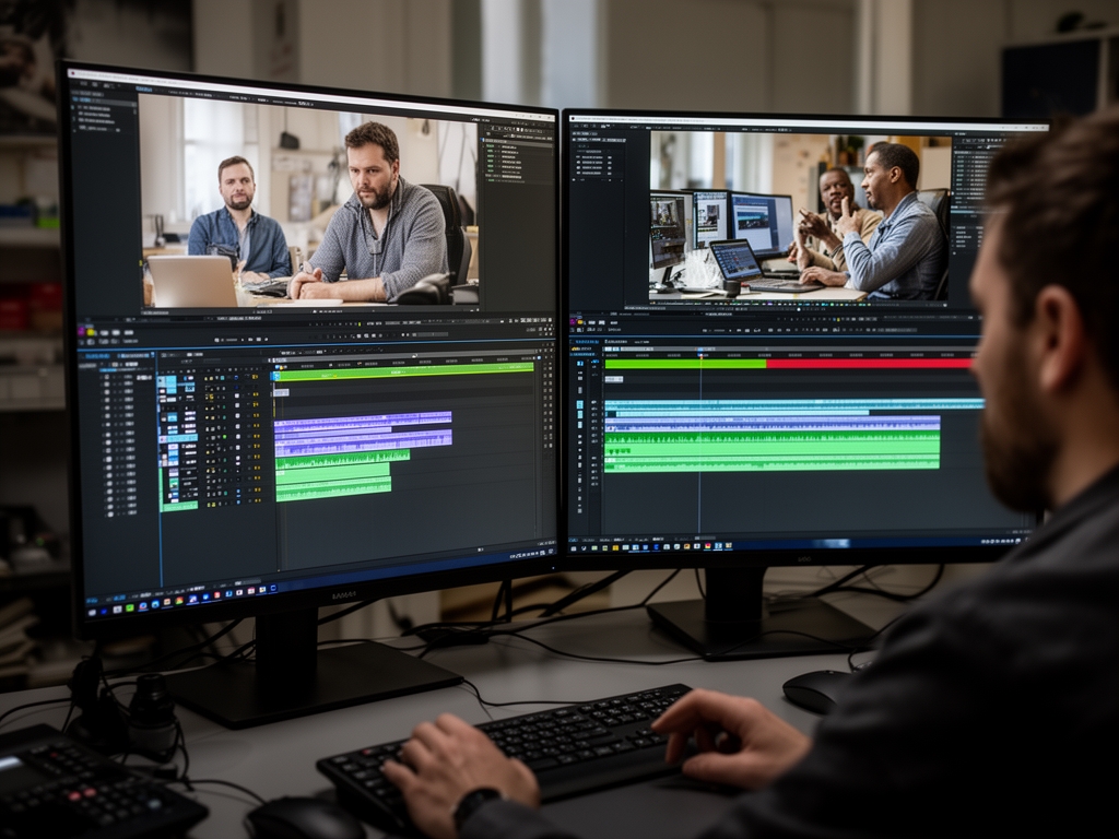 Монтажёр редактирует видеоматериал на профессиональной рабочей станции с двумя мониторами и временной шкалой проекта