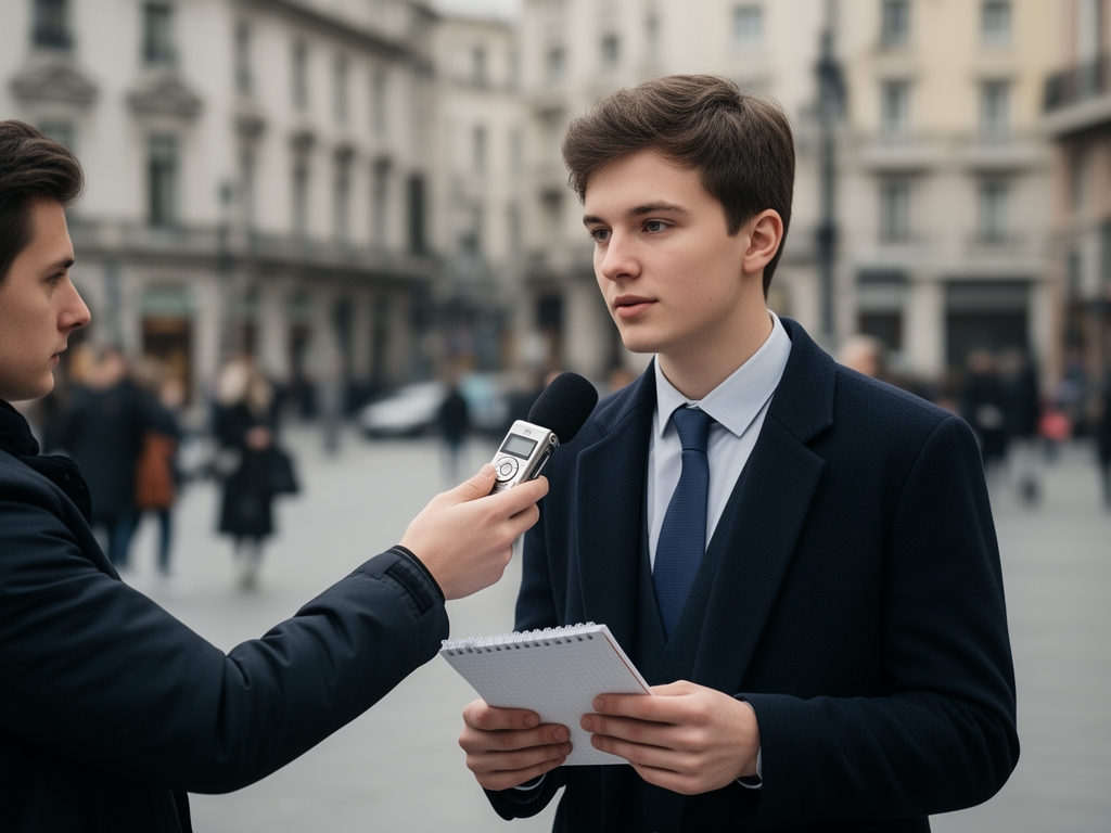 Молодой журналист записывает интервью на диктофон в городской среде, держит блокнот с заметками