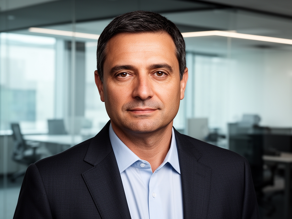 Мужчина средних лет в деловом стиле на фоне современного офиса, уверенный взгляд, короткие тёмные волосы