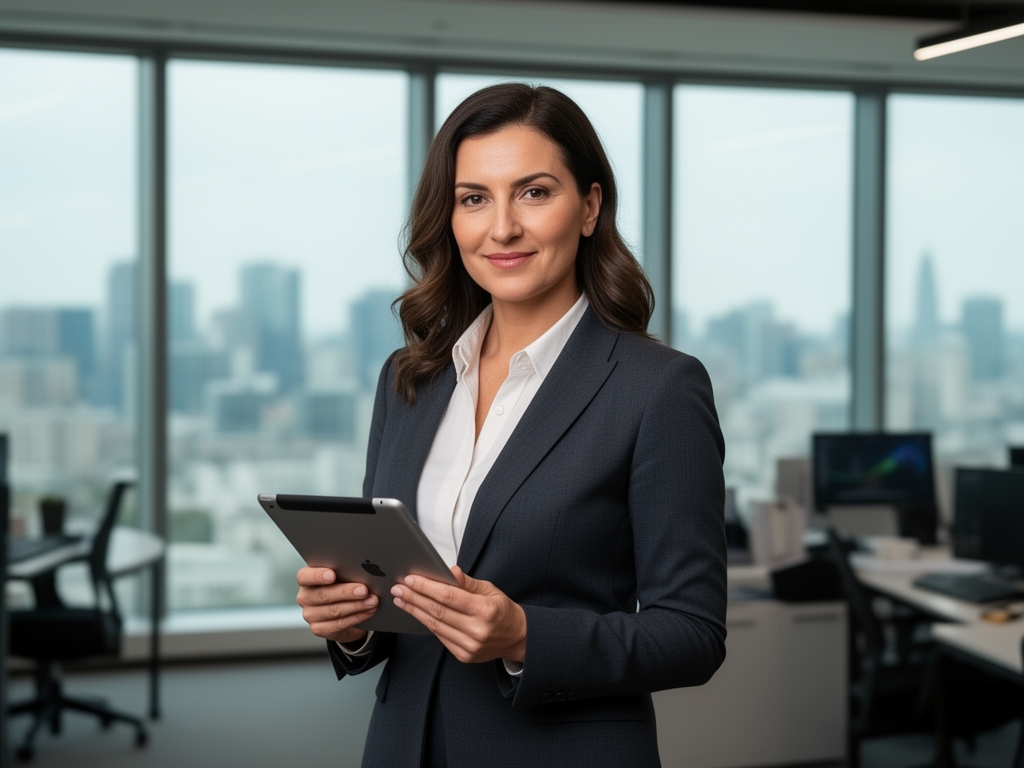 Женщина-журналист с планшетом в руках стоит в современном редакционном зале с большими окнами и видом на город